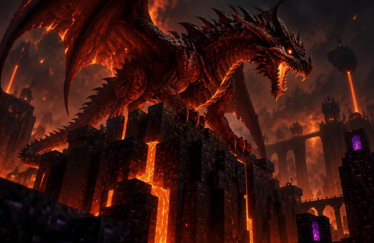 Red dragon perched on a blocky obsidian mountain above lava